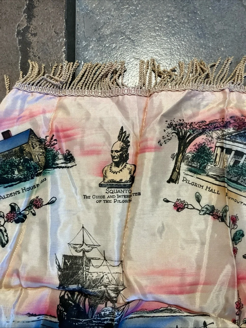 Vintage Plymouth Souvenir Fringe pillow case- Pink, Blue, Cream